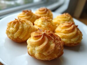Six perfectly piped and baked vegan duchess potatoes with golden brown edges on a white plate.