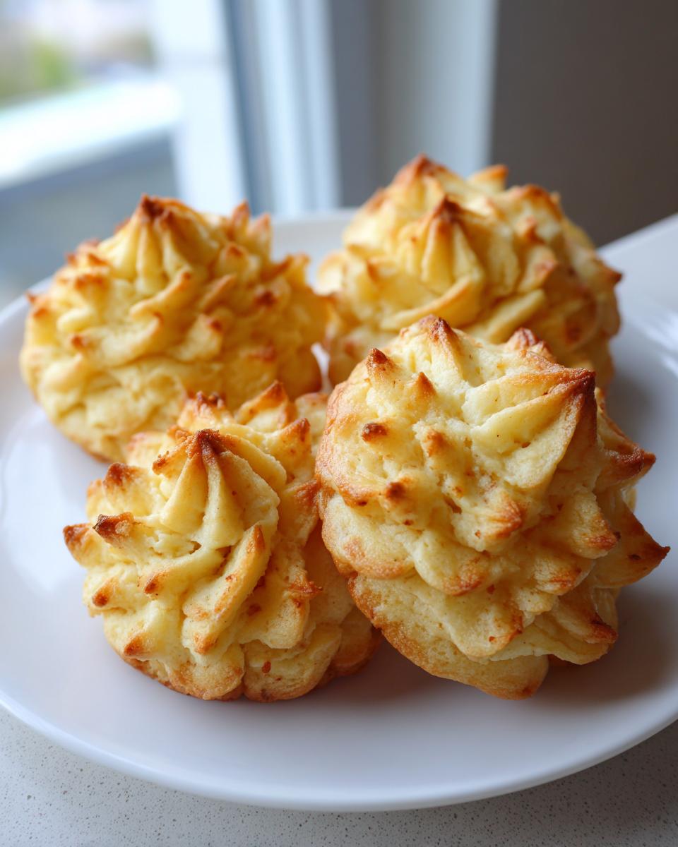 Four perfectly piped and baked vegan duchess potatoes with golden-brown peaks on a white plate.