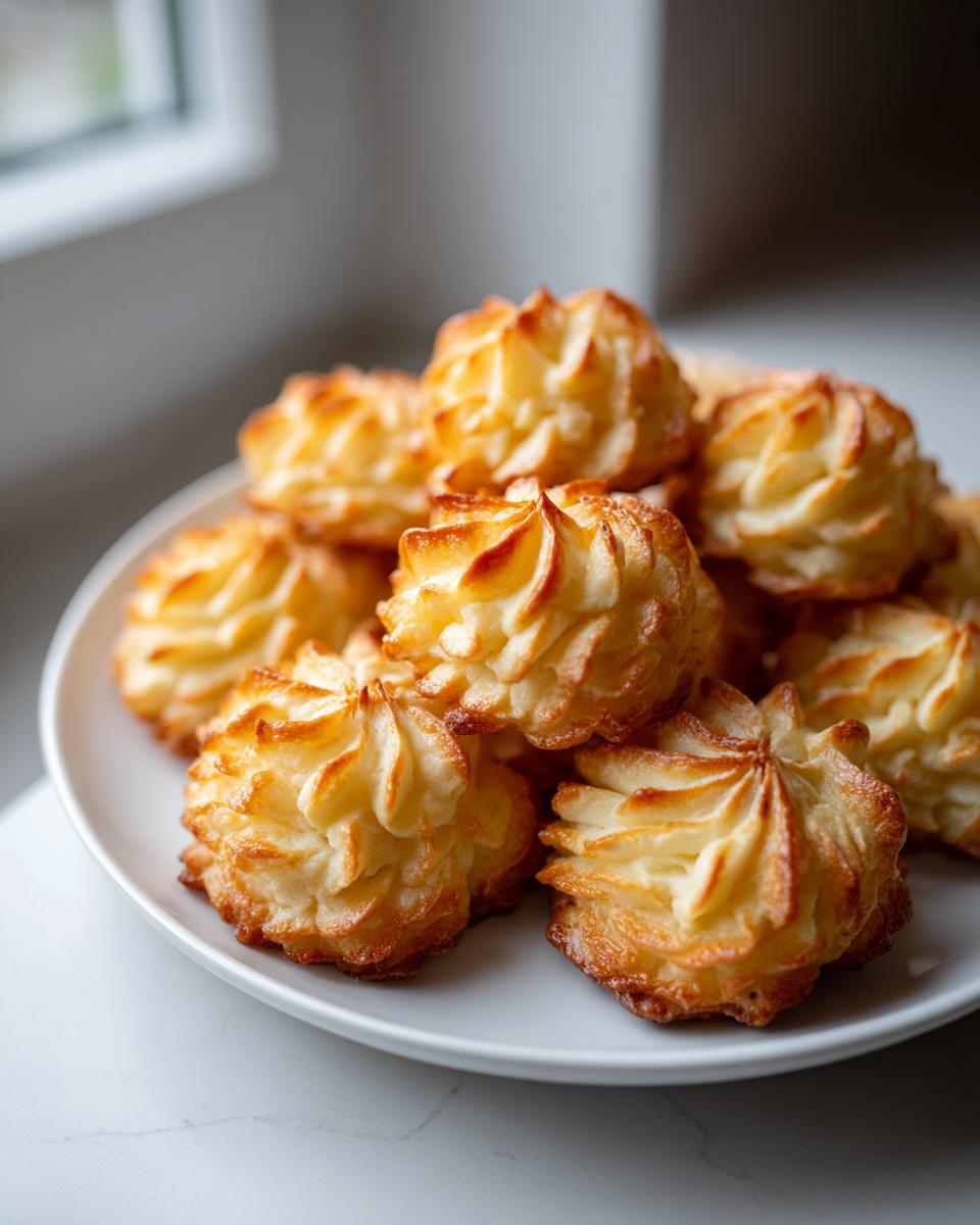 A close-up of several perfectly piped and baked vegan duchess potatoes piled on a white plate.