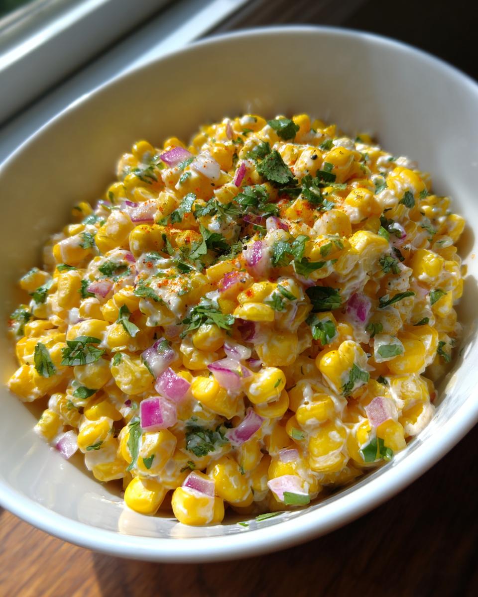A close-up view of a creamy vegan street corn salad featuring bright yellow corn kernels, diced red onion, and fresh cilantro.