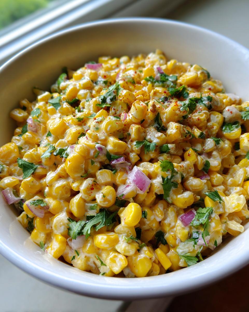 Close-up of a white bowl filled with creamy vegan street corn salad featuring yellow corn, red onion, and cilantro.