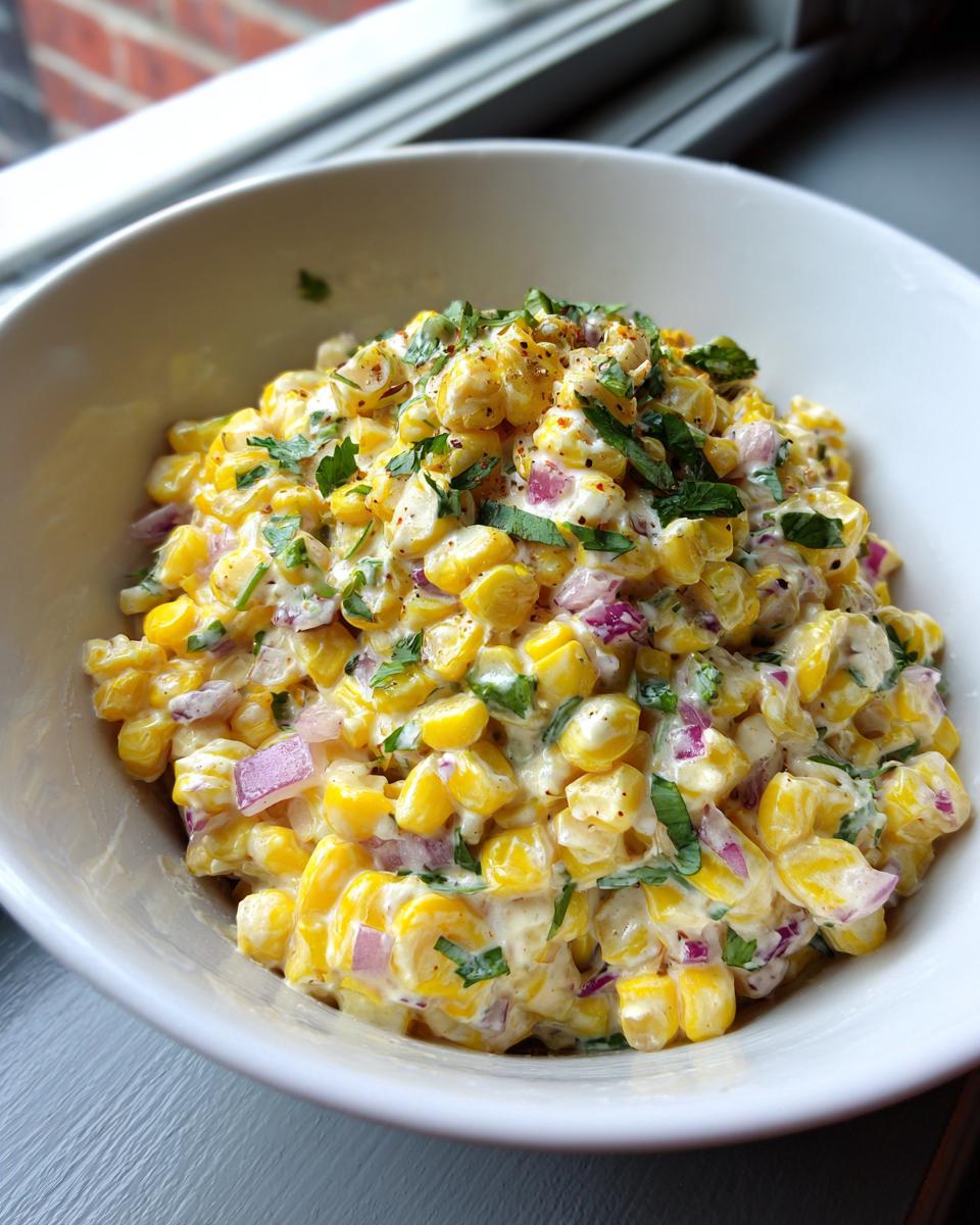 Close-up of a creamy vegan street corn salad featuring bright yellow corn kernels, diced red onion, and cilantro in a white bowl.