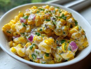 Close-up of a white bowl filled with bright yellow vegan street corn salad, coated in a creamy sauce, mixed with red onion and cilantro.