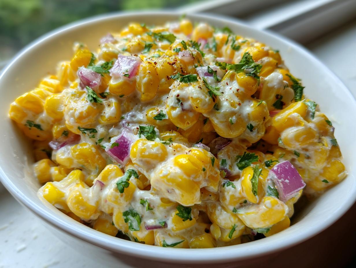 Close-up of a white bowl filled with bright yellow vegan street corn salad, coated in a creamy sauce, mixed with red onion and cilantro.