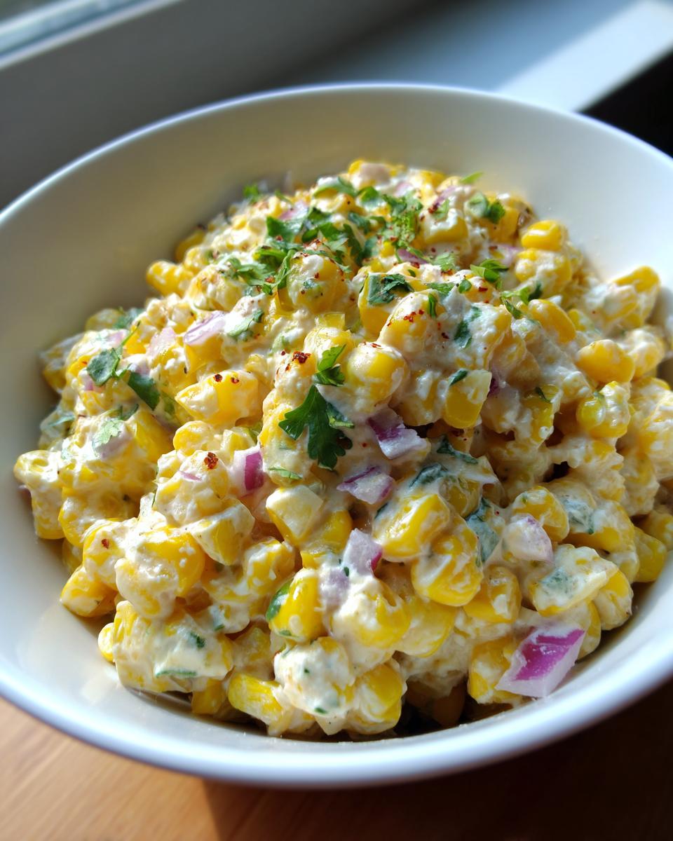 Close-up of creamy vegan street corn salad featuring bright yellow corn, red onion, and fresh cilantro garnish.