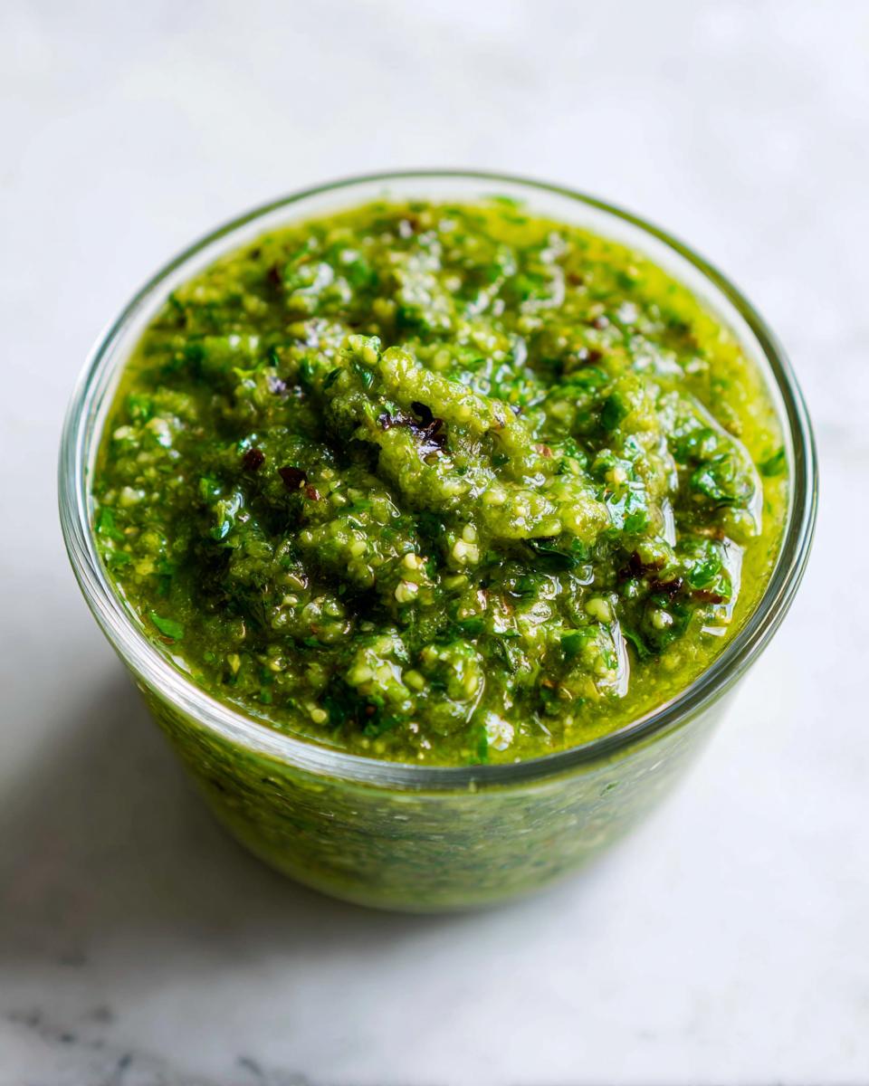 Close-up of thick, vibrant green fermented green salsa texture in a clear glass container.