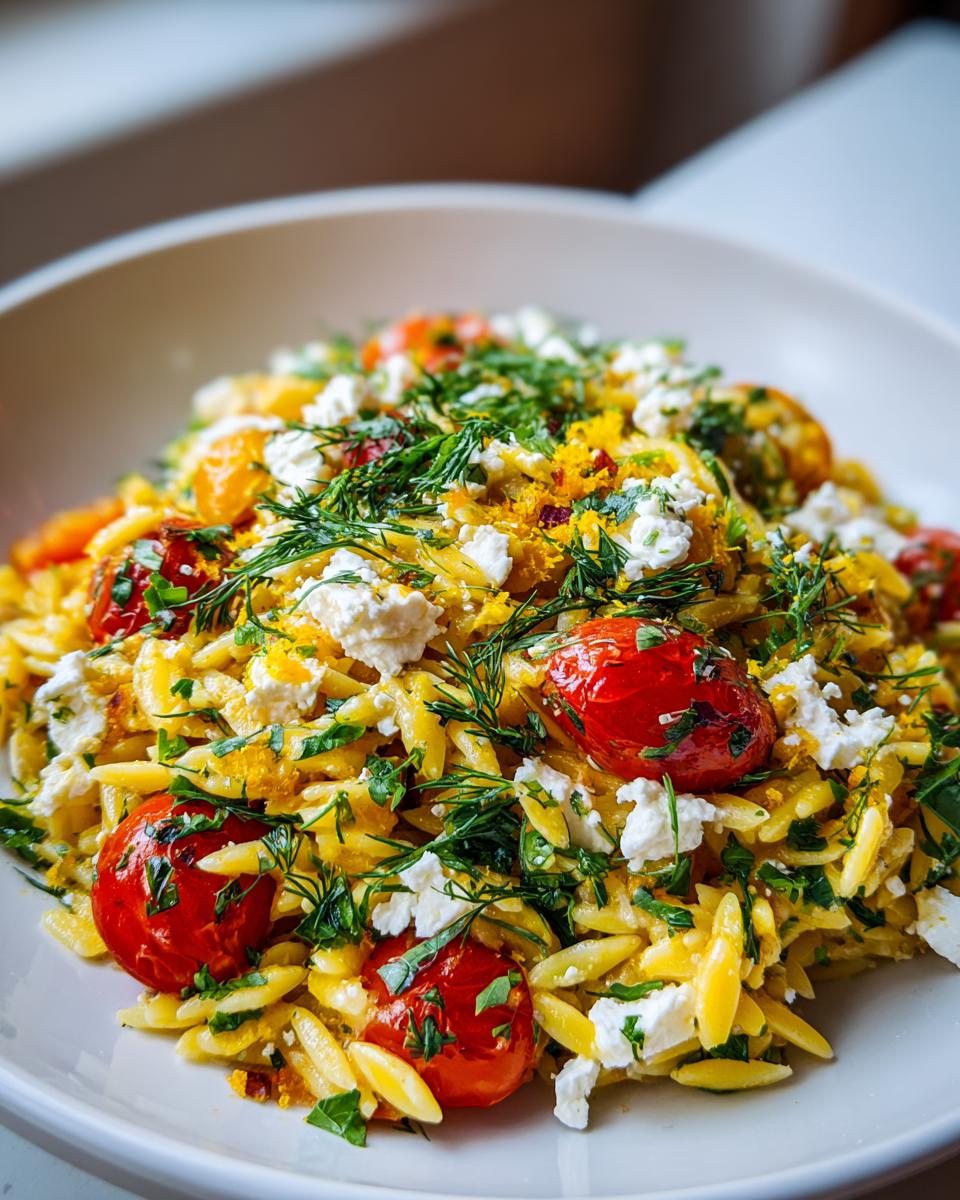 Close-up of a vibrant lemon orzo pasta salad topped with roasted cherry tomatoes, feta cheese crumbles, and fresh dill.