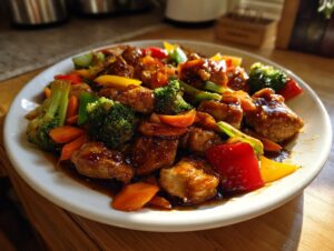 A close-up, appetizing photo of teriyaki chicken stir fry with broccoli, carrots, and bell peppers coated in glossy sauce.