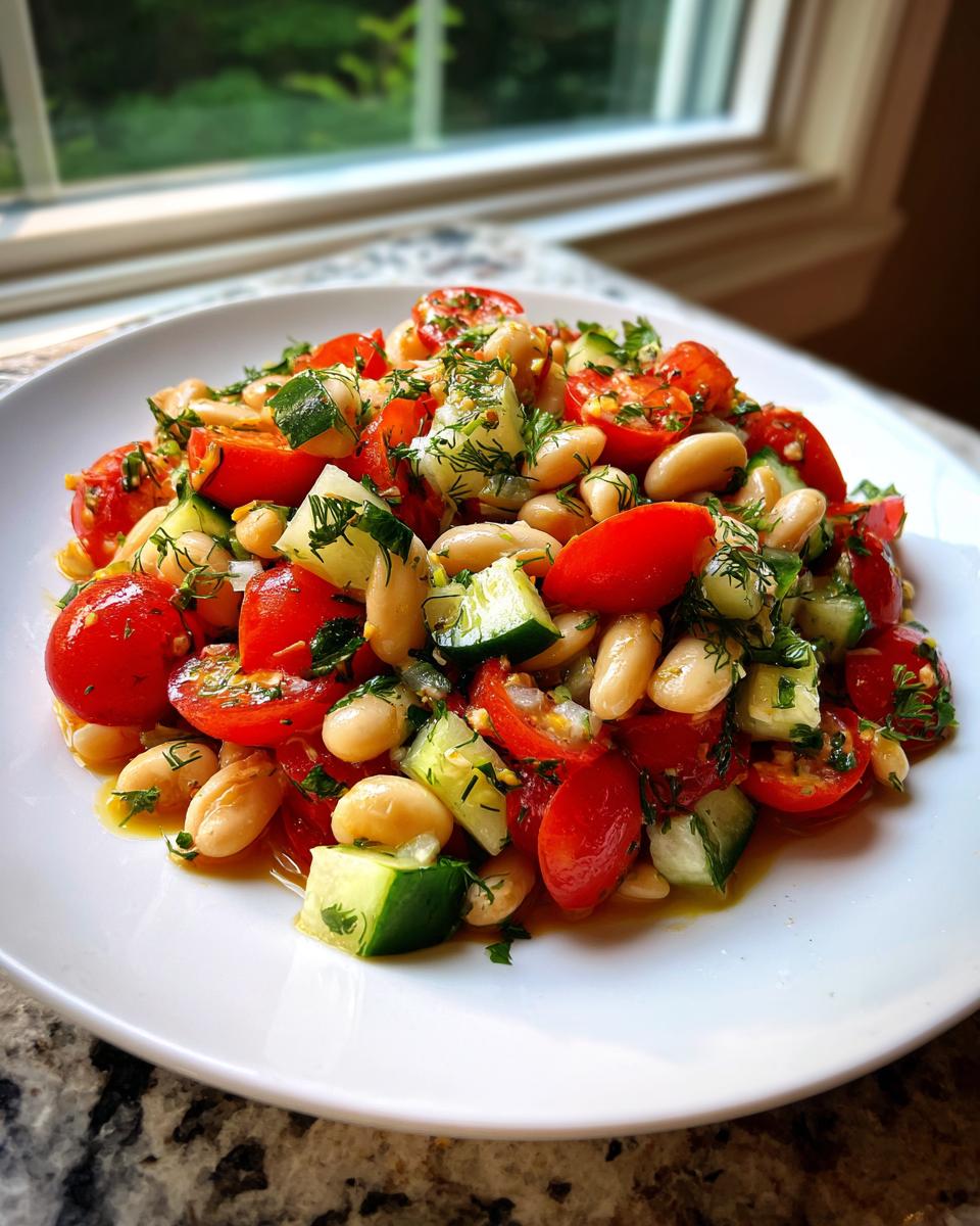 Close-up of a vibrant white bean salad featuring white beans, halved cherry tomatoes, and chopped cucumber, garnished with fresh dill.