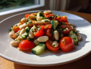 Close-up of a refreshing white bean salad featuring cannellini beans, halved cherry tomatoes, and chopped cucumber, garnished with herbs.