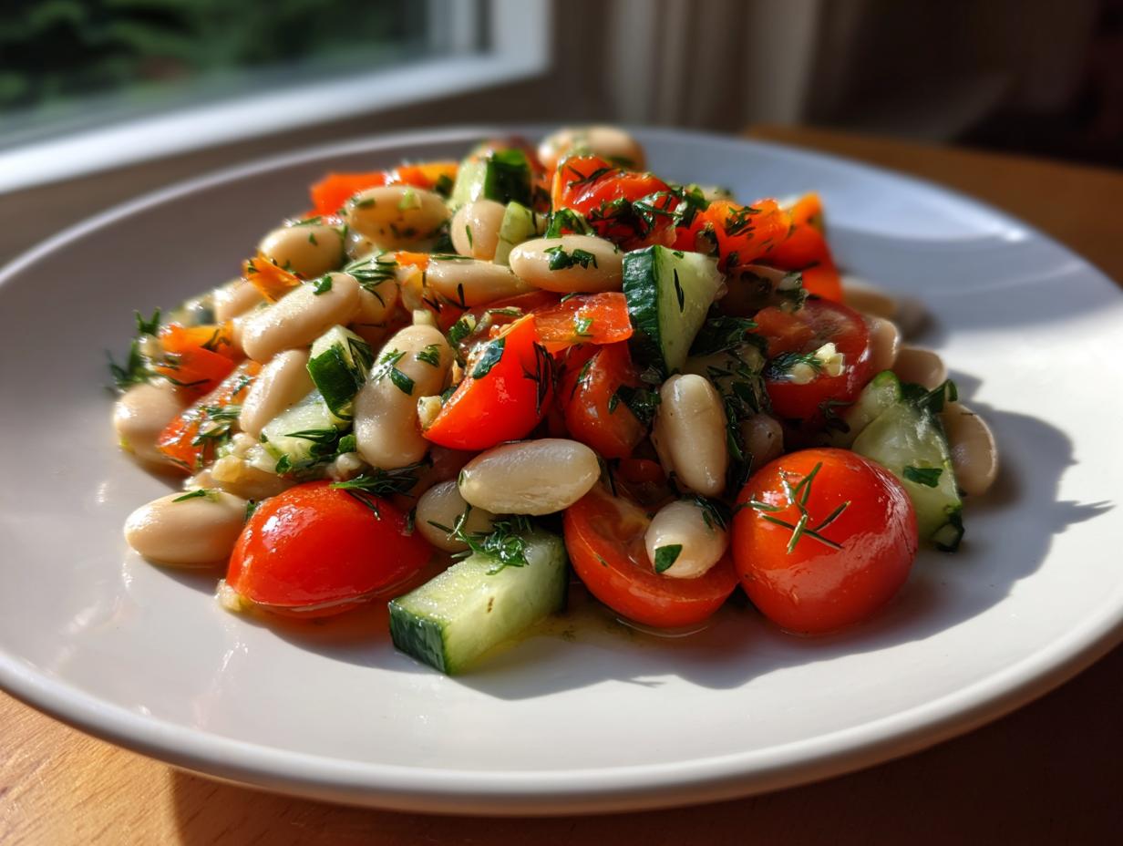 Close-up of a refreshing white bean salad featuring cannellini beans, halved cherry tomatoes, and chopped cucumber, garnished with herbs.