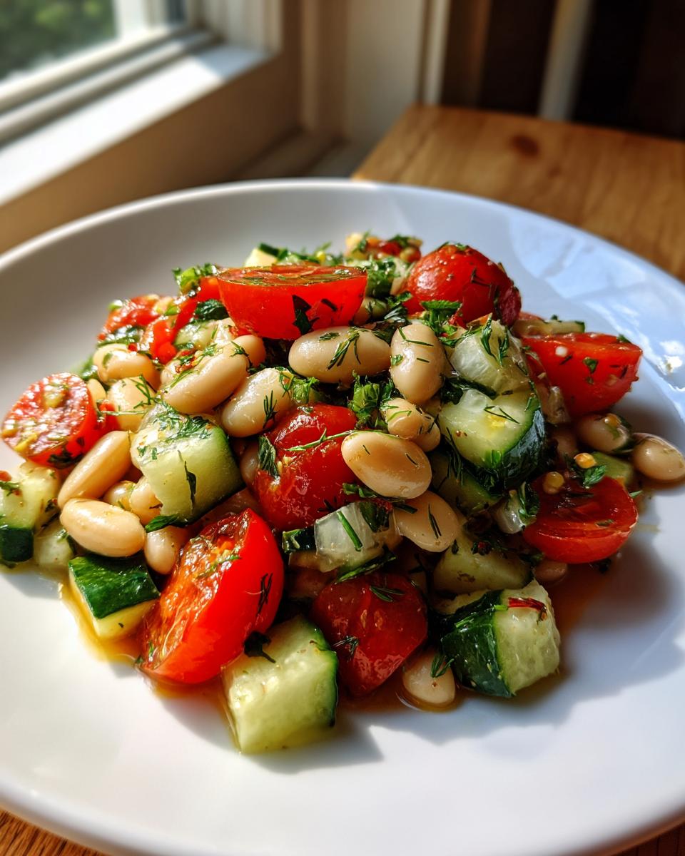 Close-up of a fresh white bean salad featuring white beans, halved cherry tomatoes, and diced cucumber, garnished with fresh herbs.