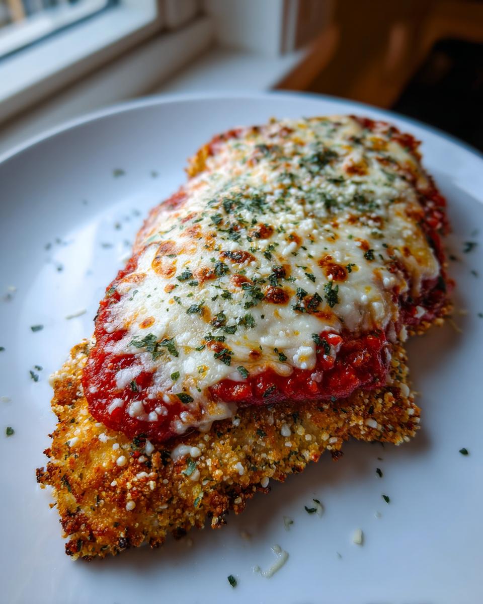 Close-up of a golden, crispy Air Fryer Chicken Parmesan topped with marinara sauce and melted mozzarella cheese.