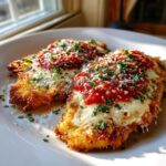Two golden, crispy pieces of Air Fryer Chicken Parmesan topped with melted mozzarella, marinara sauce, and fresh parsley.