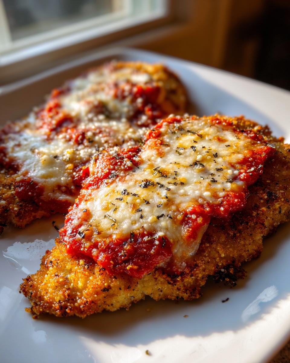 Close-up of two pieces of crispy Air Fryer Chicken Parmesan topped with marinara sauce and melted mozzarella cheese.