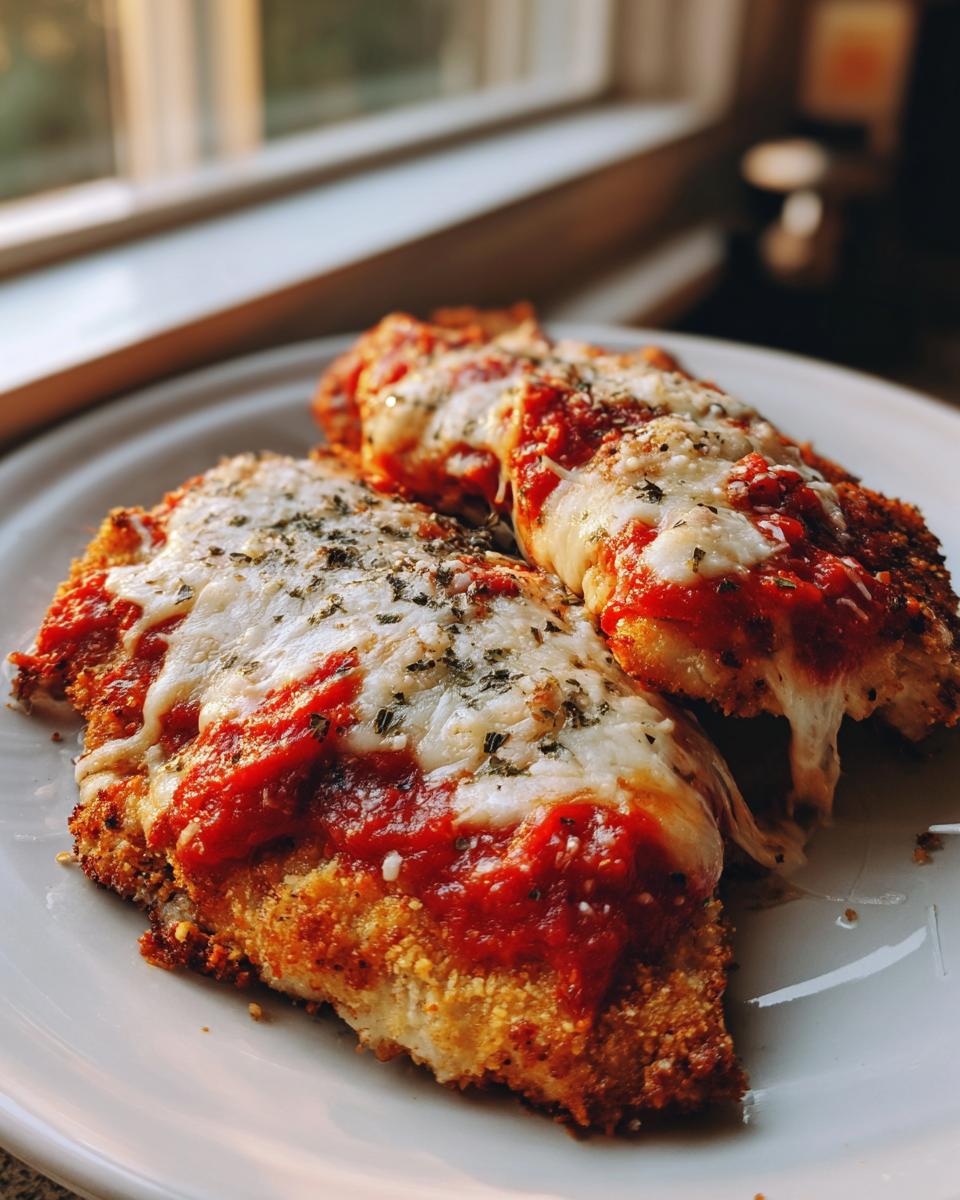 Two golden brown pieces of Air Fryer Chicken Parmesan topped with marinara sauce and melted mozzarella cheese.