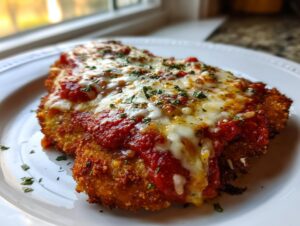Close-up of a golden, crispy Air Fryer Chicken Parmesan topped with melted mozzarella and marinara sauce.