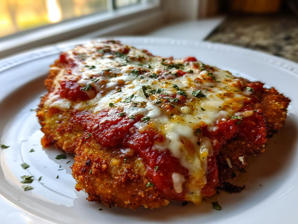 Close-up of a golden, crispy Air Fryer Chicken Parmesan topped with melted mozzarella and marinara sauce.