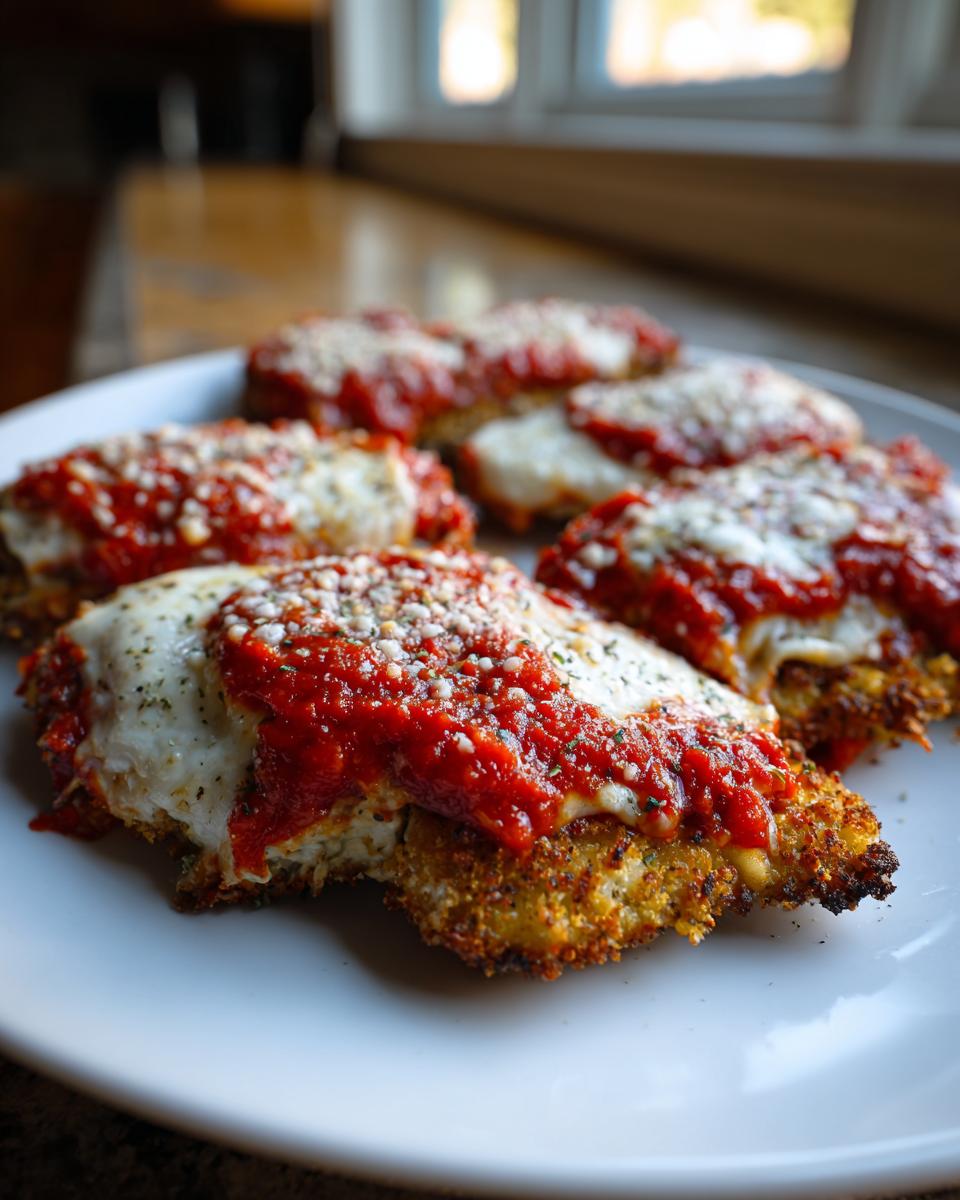 Close-up of several crispy Air Fryer Chicken Parmesan portions topped with melted mozzarella and marinara sauce.
