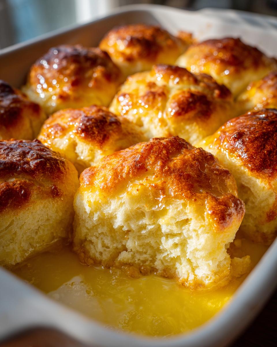 Close-up of fluffy, golden-brown butter swim biscuits soaking in a pool of melted butter in a white baking dish.
