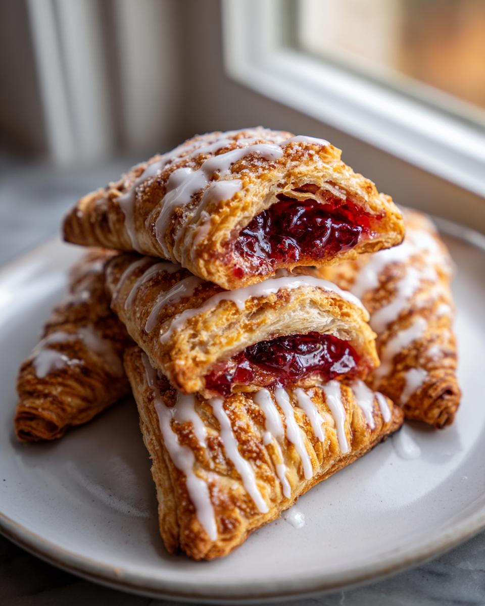 Stack of golden brown cherry turnovers drizzled with white icing, showing the rich cherry filling inside.