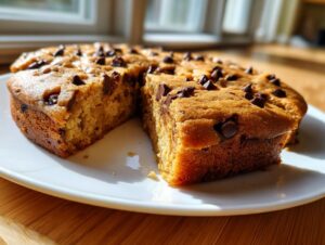 A freshly baked Chocolate chip cookie cake with one slice cut out, sitting on a white plate.