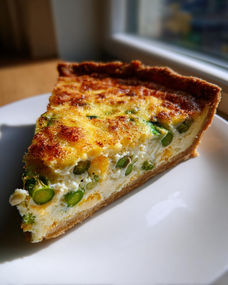 A close-up slice of amazing asparagus quiche featuring bright green asparagus pieces in a creamy egg filling.