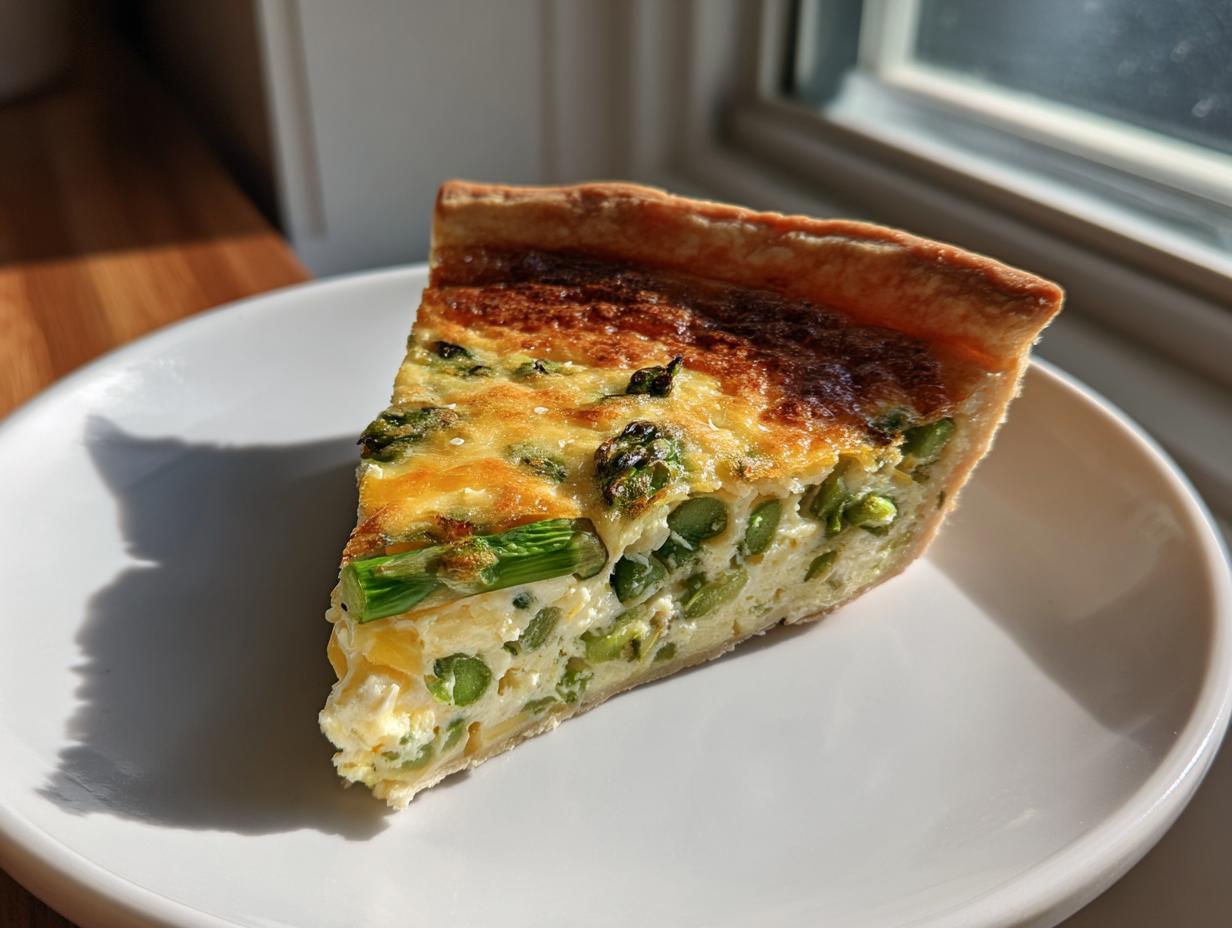 A close-up, sunlit slice of amazing asparagus quiche featuring green asparagus spears in a creamy egg filling.