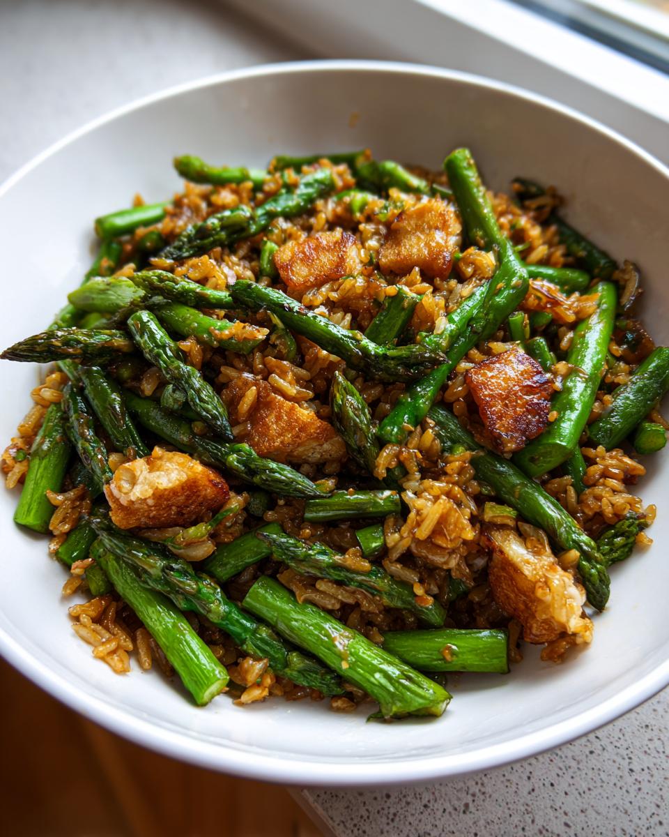 Close-up of a white bowl filled with Asparagus with crispy rice, featuring bright green asparagus spears and golden crispy rice pieces.