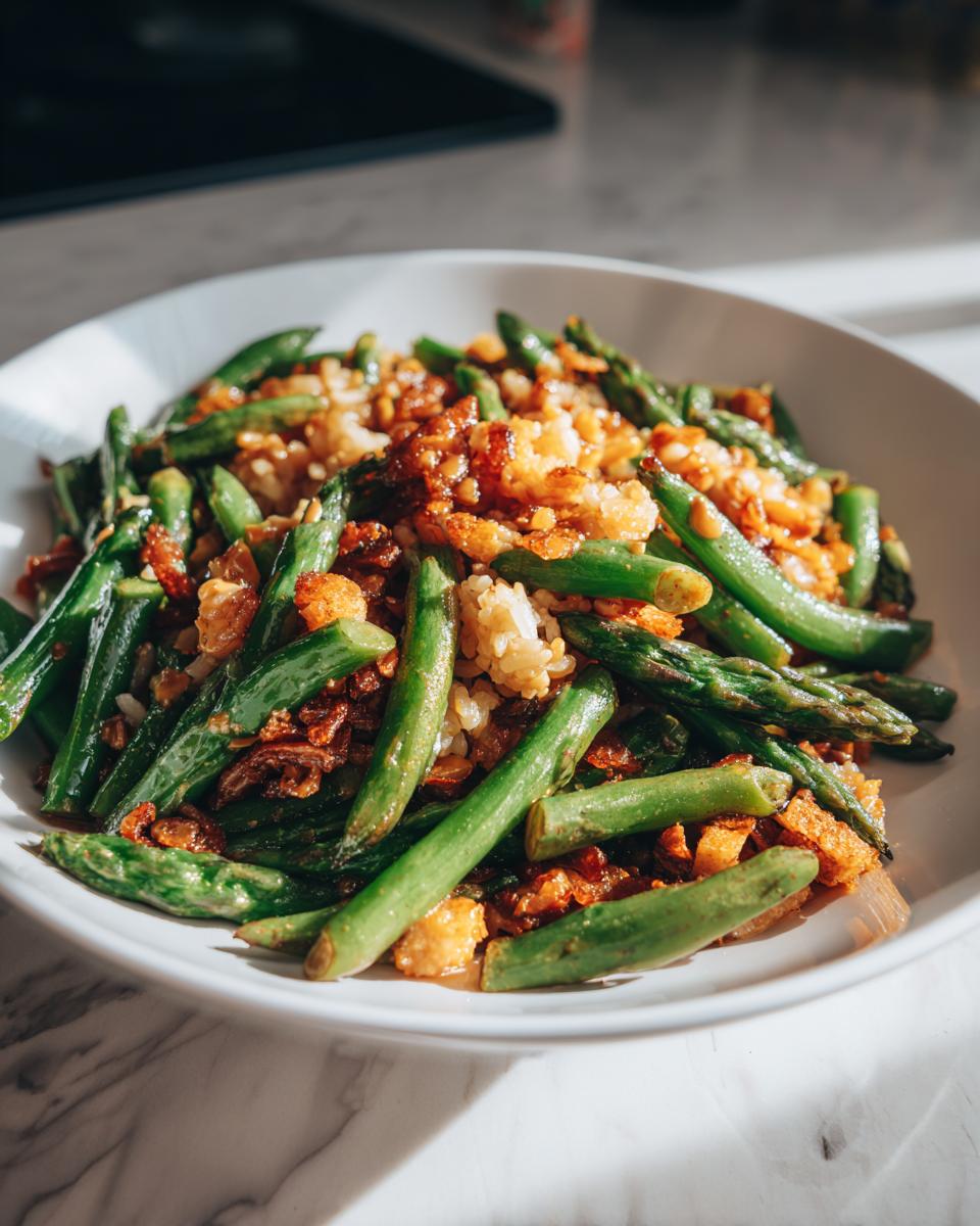 A close-up of vibrant green asparagus mixed with crispy rice served in a white bowl.