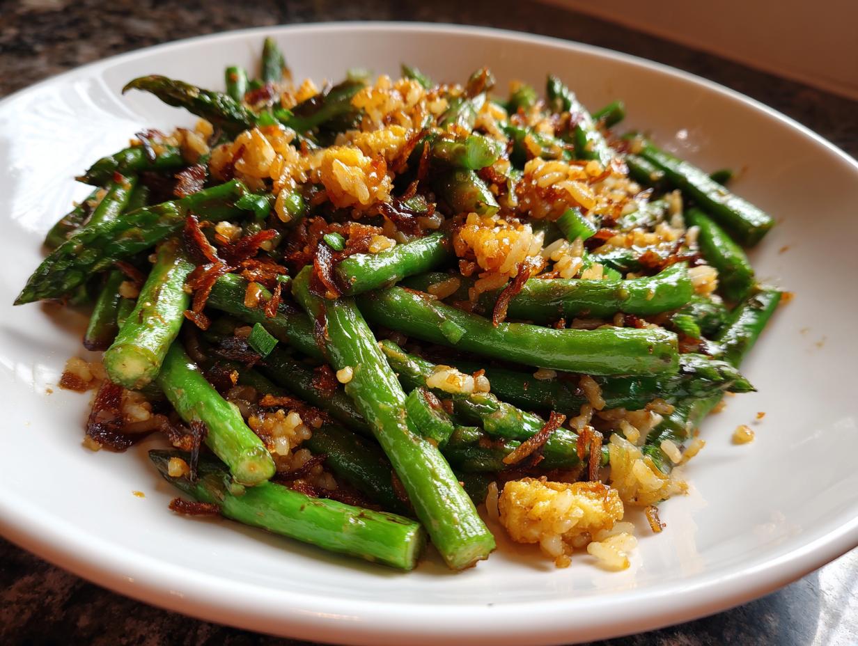 Vibrant green asparagus tossed with golden, crispy rice and savory bits, ready to eat.