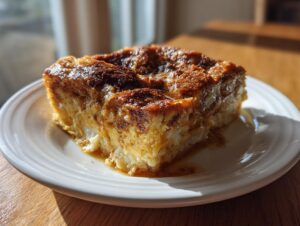 A square serving of golden brown Baked Challah French Toast sitting on a white plate, glistening with syrup.