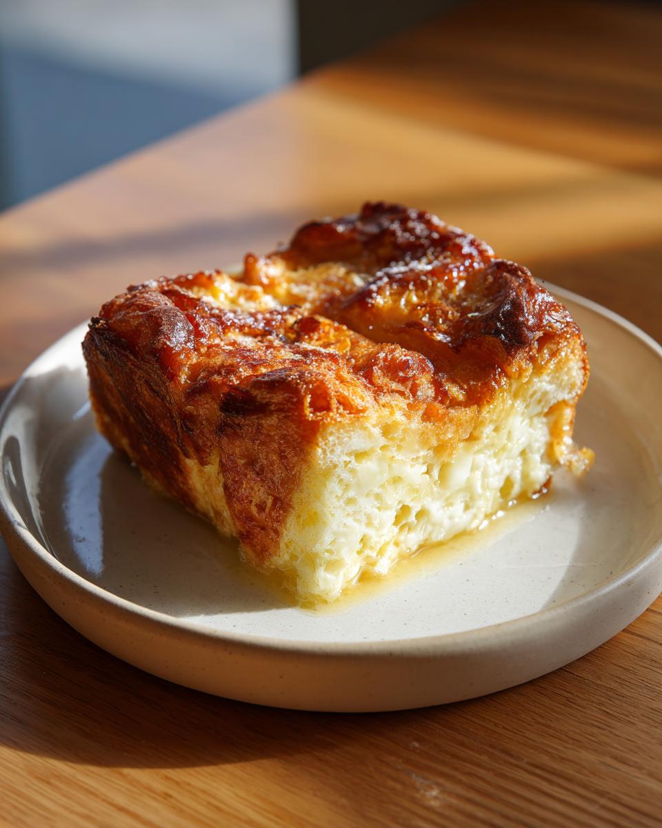 A moist, golden-brown square of baked challah French toast sitting on a light plate, glistening with syrup.
