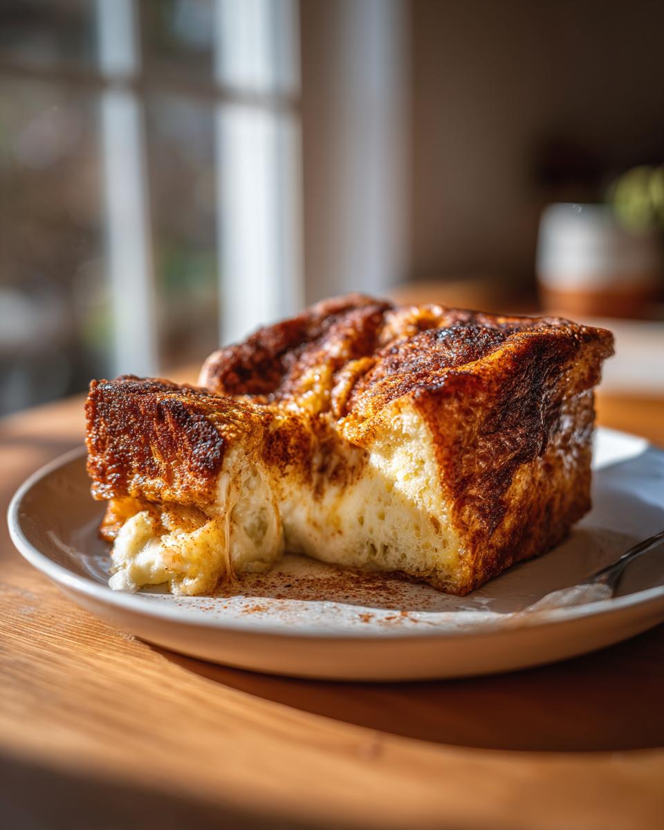 A thick, golden-brown slice of baked challah French toast on a white plate, showing a soft interior.