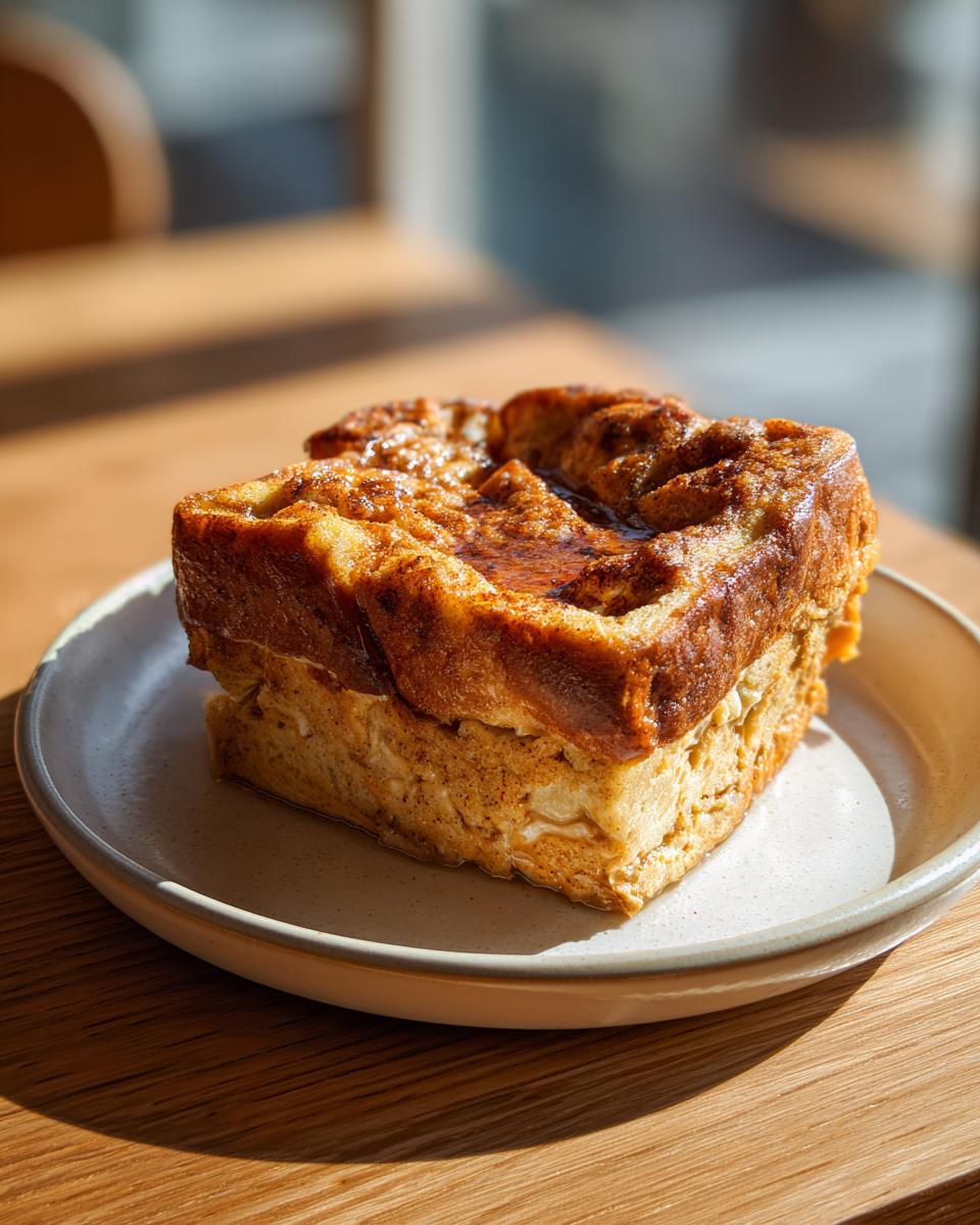 A thick, golden-brown square slice of baked challah French toast drizzled with syrup on a light plate.