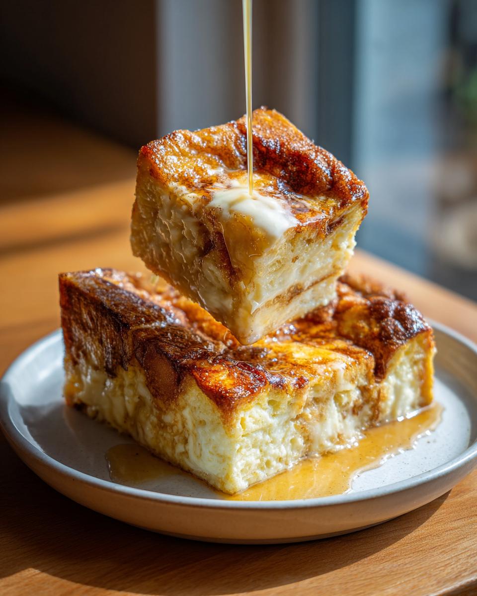 Two thick squares of golden brown Baked Challah French Toast stacked, with syrup being drizzled onto the top piece.