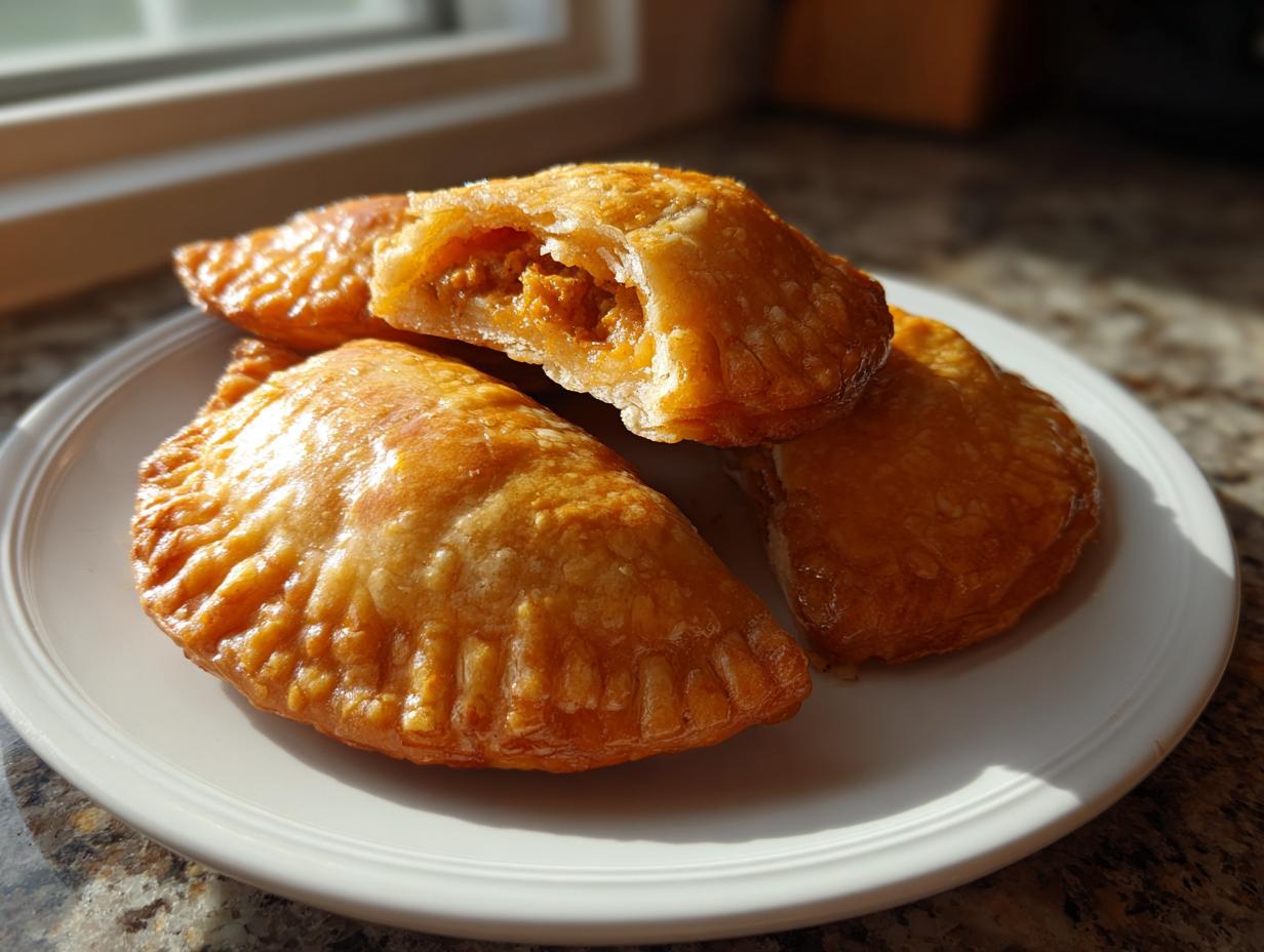 Four golden brown, flaky Beef and potato empanadas stacked on a white plate, one is broken open showing the filling.