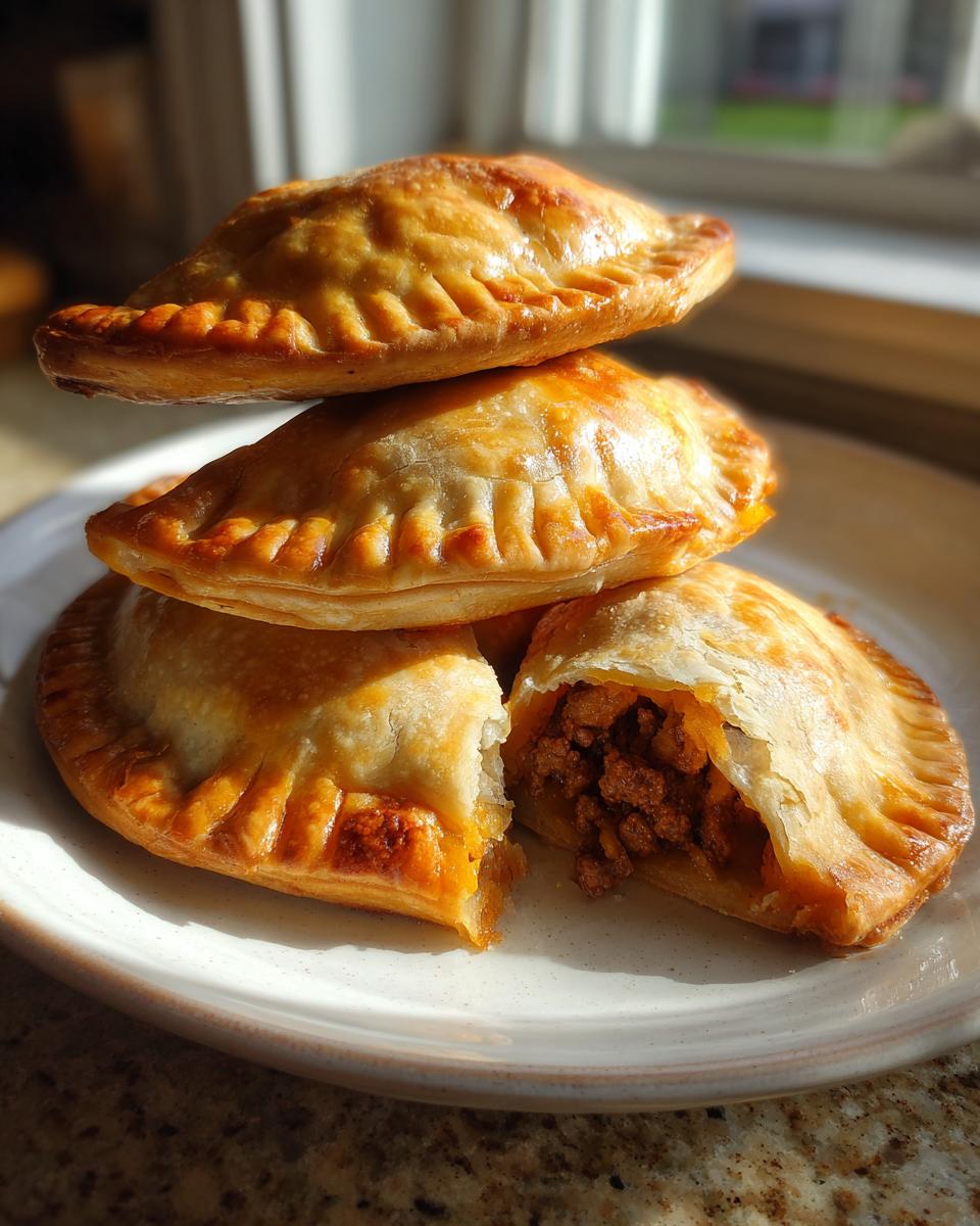 A stack of three golden-brown beef and potato empanadas, one broken open showing the savory filling.