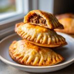 Stack of three golden-brown baked Beef and potato empanadas, one cut open to show the savory filling.