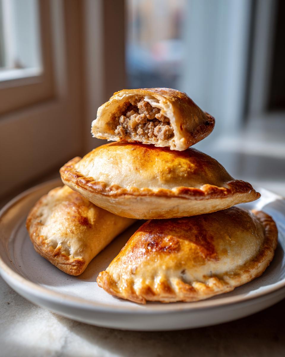 A stack of golden-brown, baked Beef and Potato Empanadas, with the top one cut open to show the savory ground meat filling.