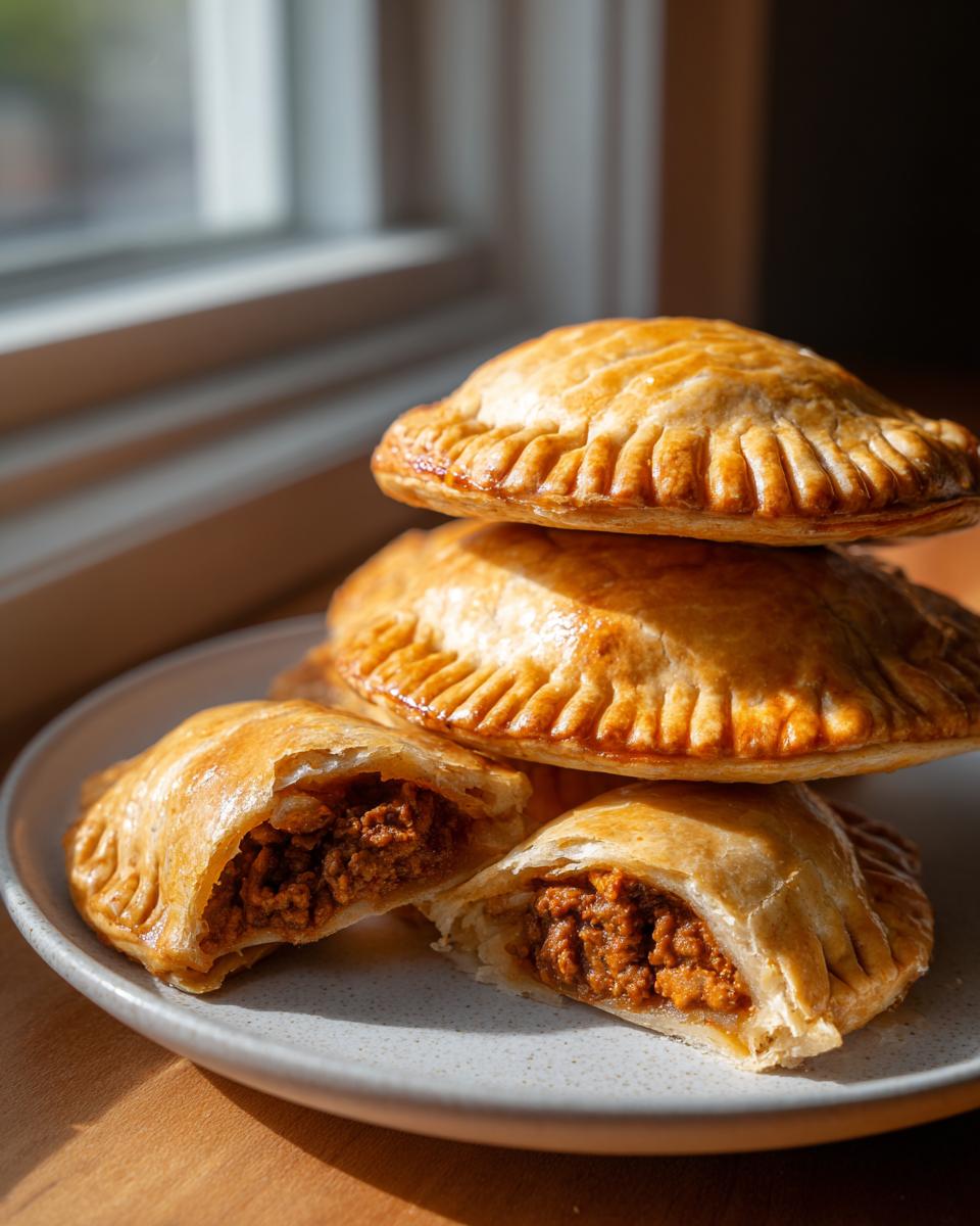 A stack of golden baked Beef and potato empanadas, with one cut open to show the savory ground beef filling.