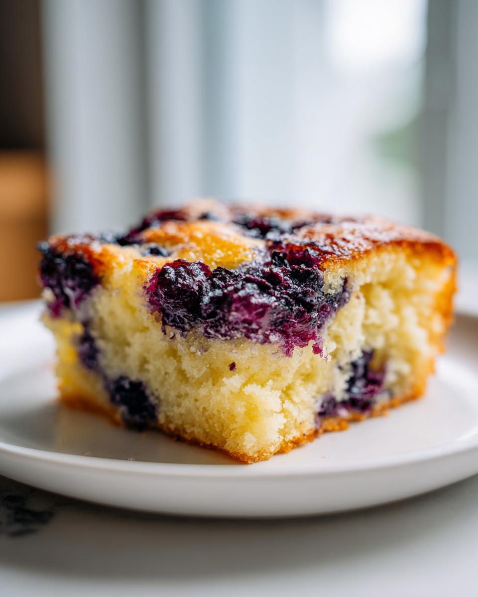 Close-up of a thick, fluffy slice of blueberry sheet pan pancakes served on a white plate.