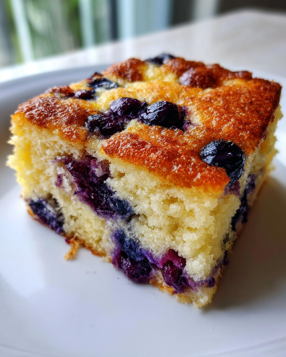 Close-up of a golden brown square slice of blueberry sheet pan pancakes with juicy blueberries baked in.