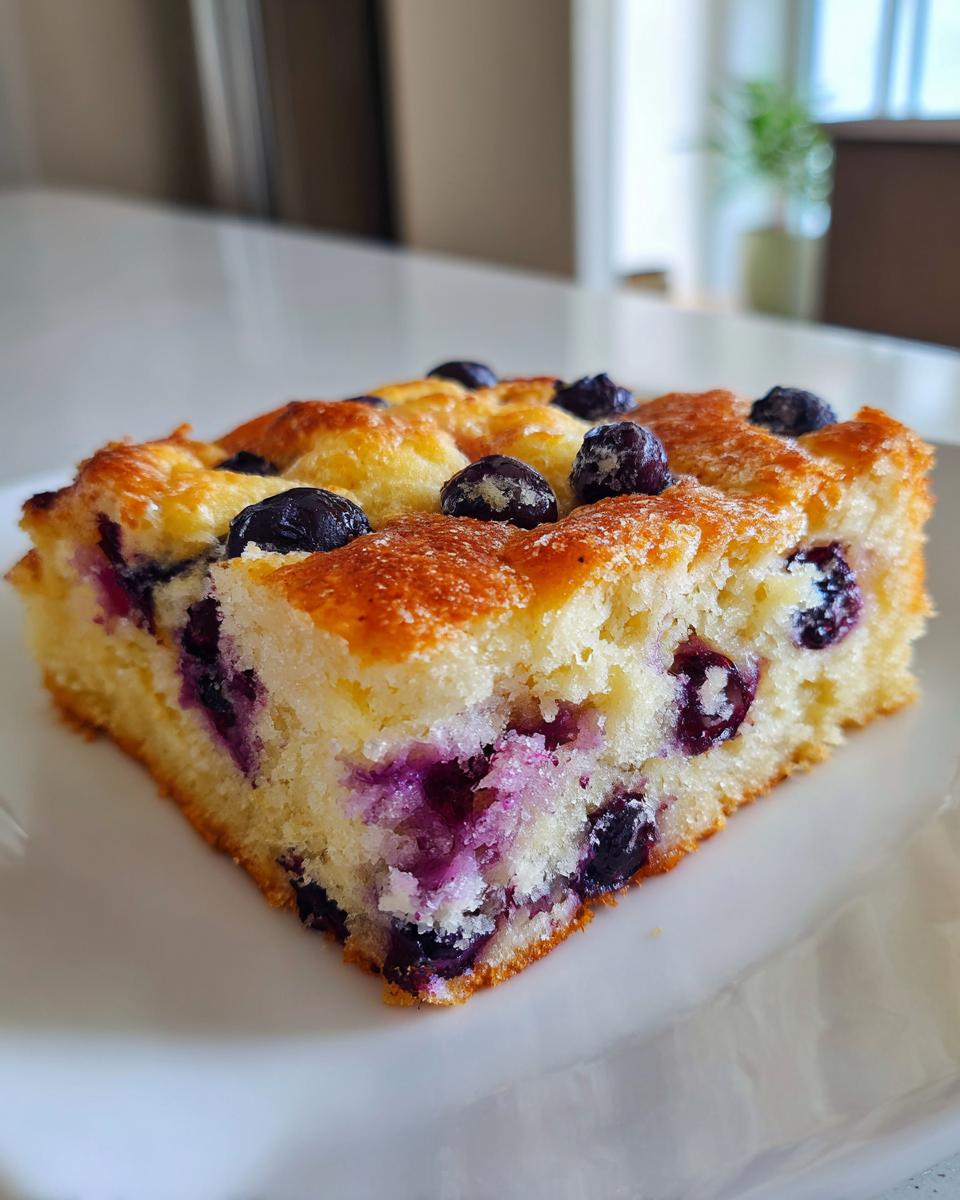 Close-up of a square slice of blueberry sheet pan pancakes, showing moist cake texture and baked blueberries.