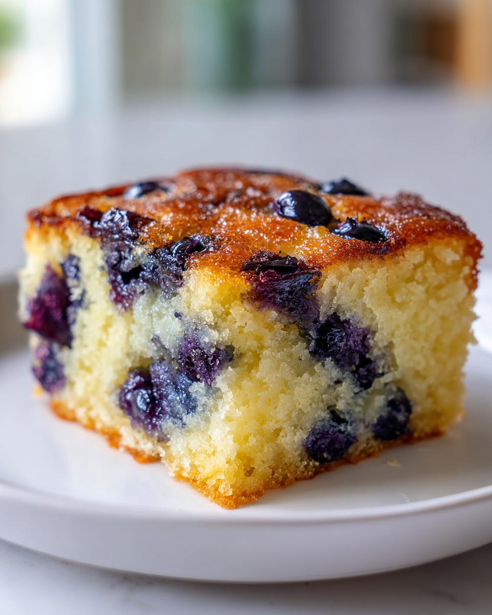 Close-up of a square slice of fluffy blueberry sheet pan pancakes with a sugary, golden crust.