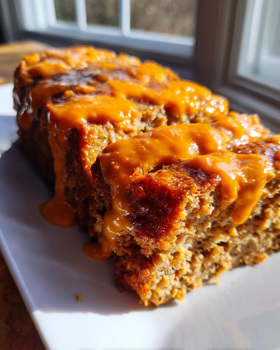Close-up of sliced Buffalo chicken meatloaf generously topped with a thick, bright orange glaze.