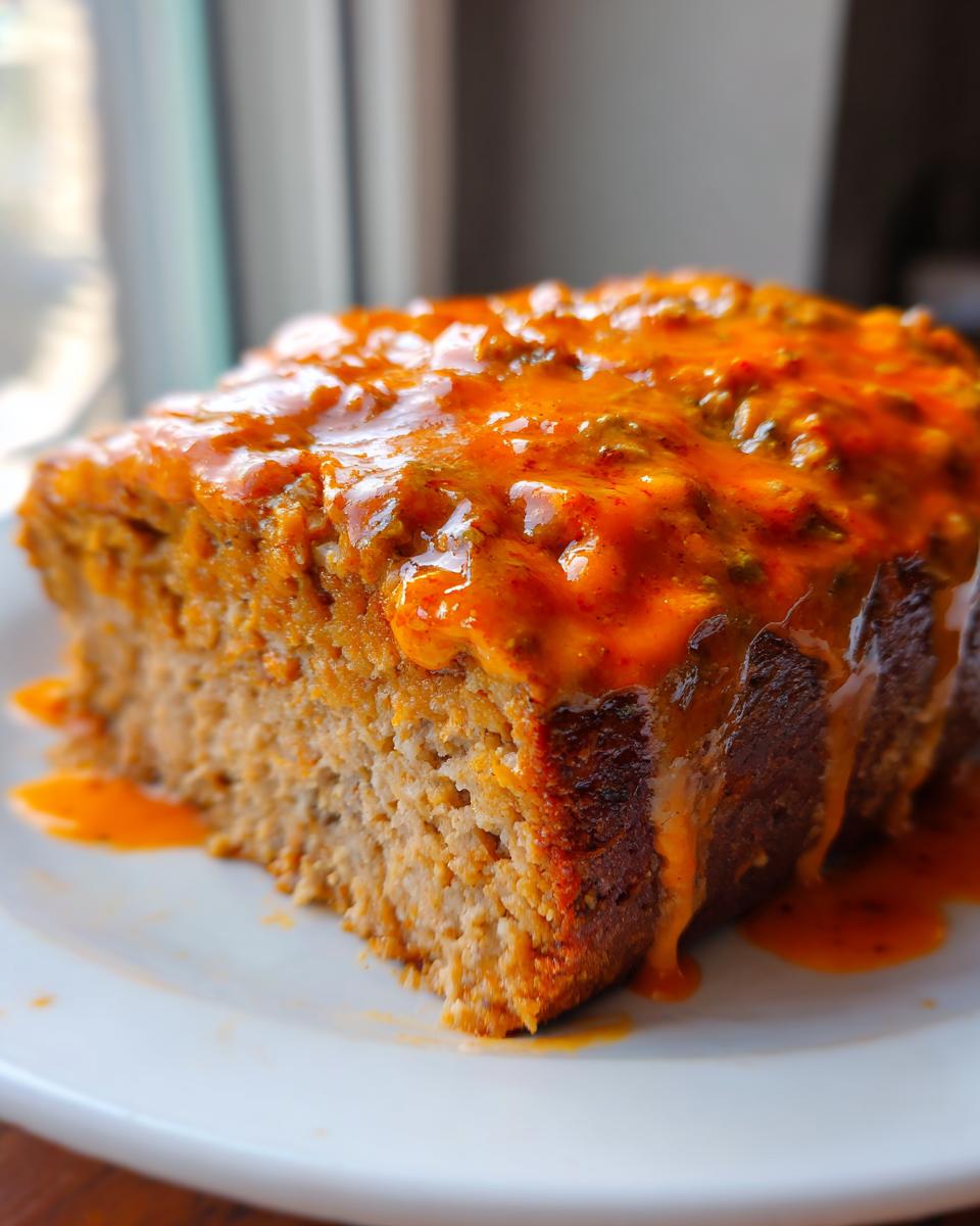 Close-up of a thick slice of Buffalo chicken meatloaf topped with a vibrant orange, spicy glaze dripping down the sides.