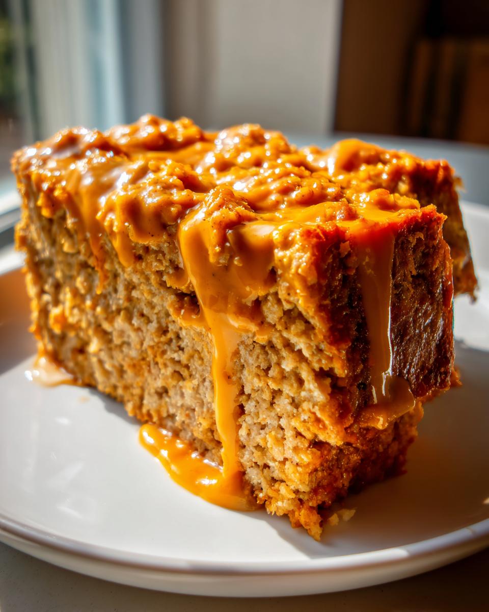 Close-up of a thick slice of Buffalo chicken meatloaf topped with a thick, dripping orange glaze.