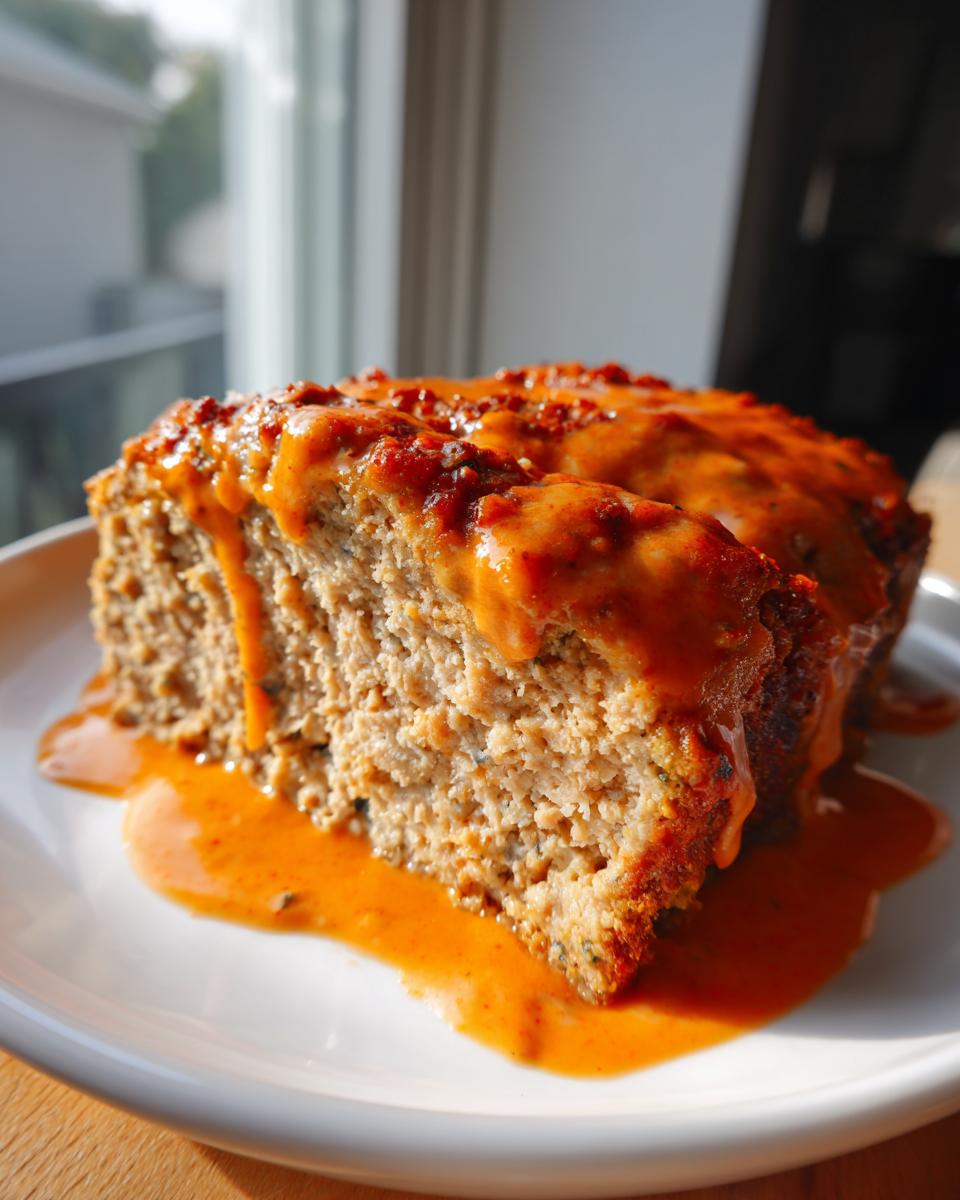 A thick slice of moist Buffalo chicken meatloaf covered in a vibrant orange Buffalo glaze, sitting on a white plate.