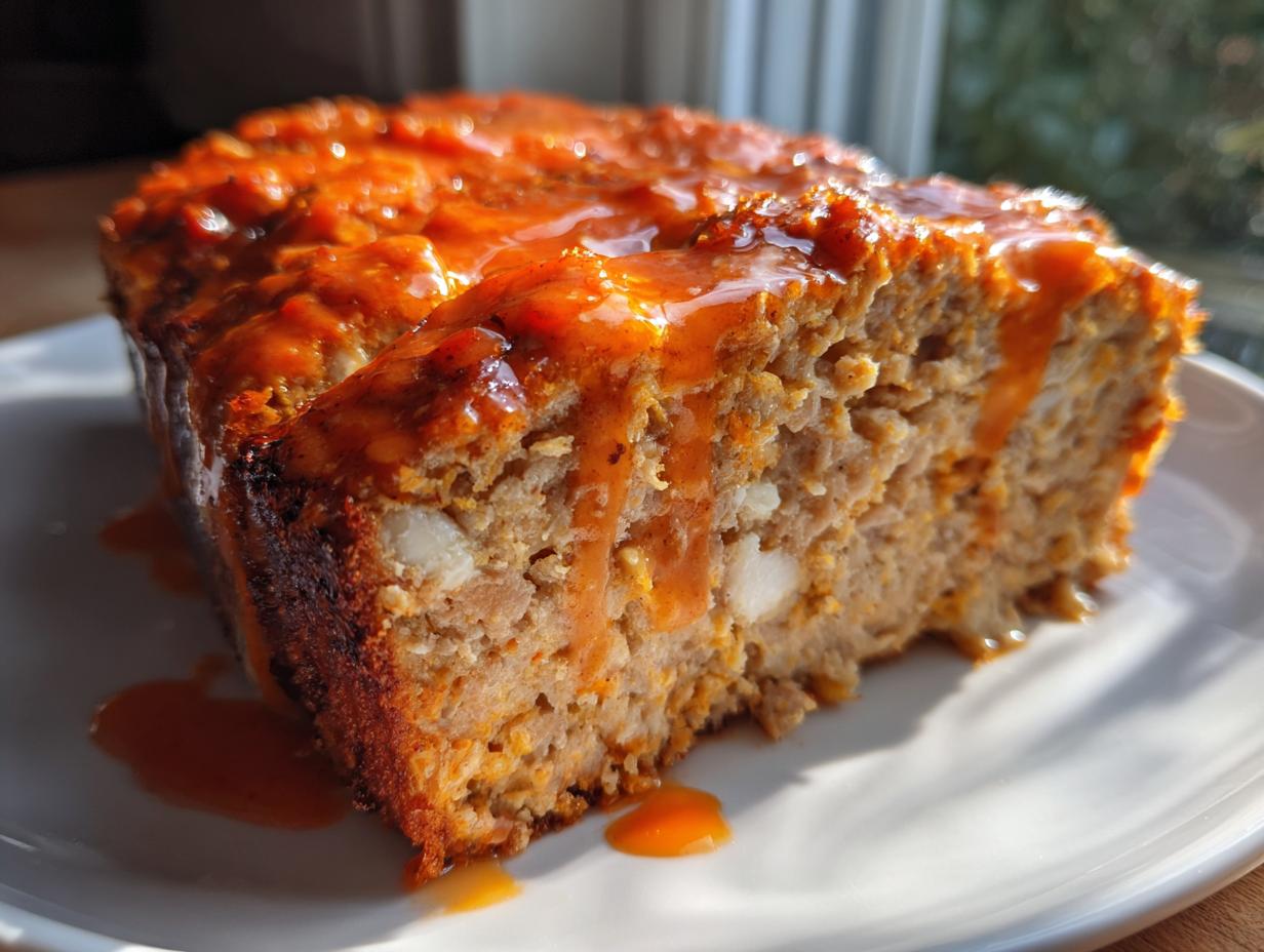 A thick slice of Buffalo chicken meatloaf, generously drizzled with a shiny orange glaze, sitting on a white plate.